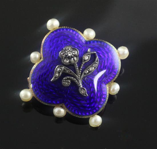 An Edwardian gold, blue enamel, rose cut diamond and seed pearl set pendant brooch, approx. 1in.